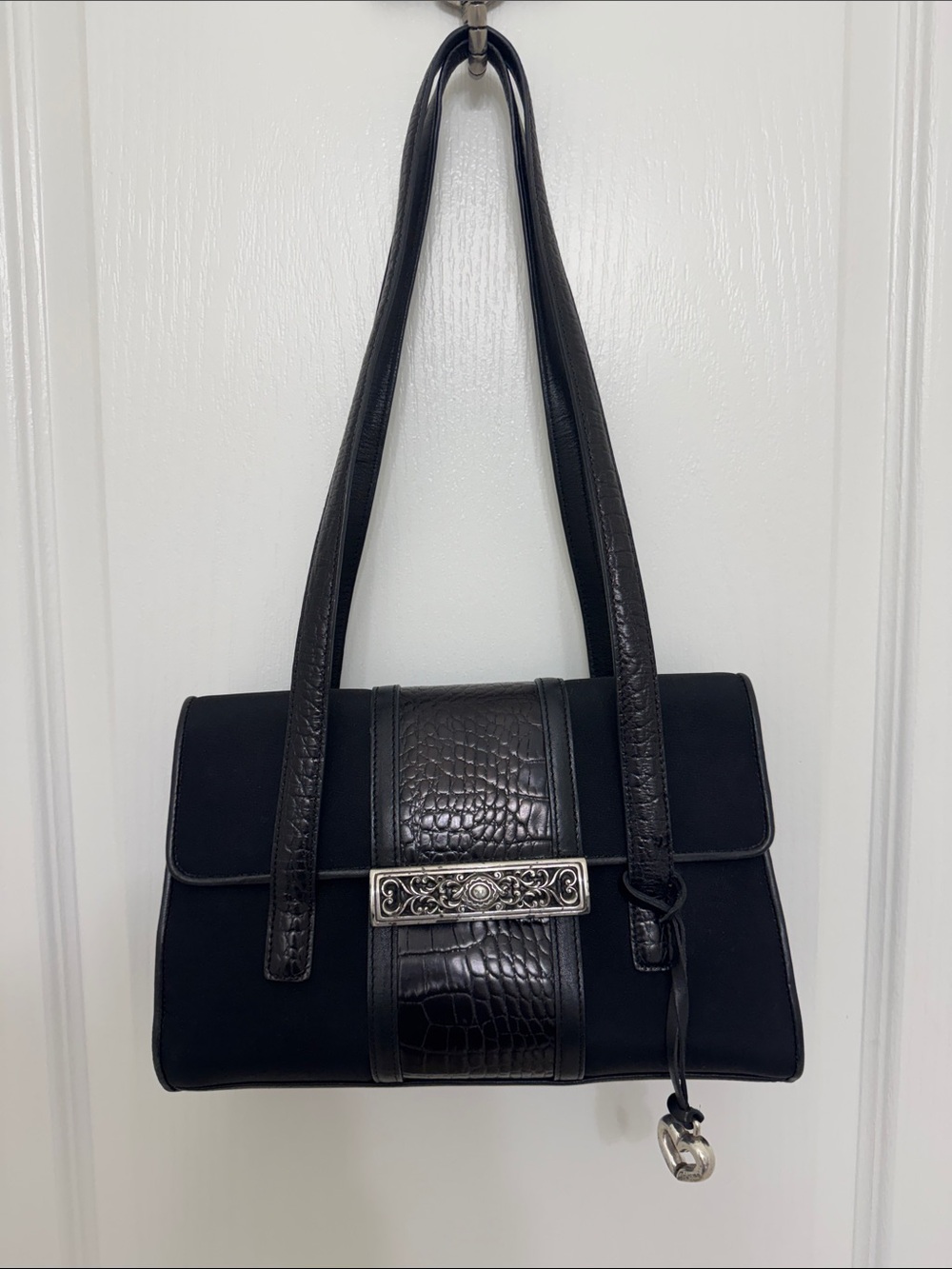 Brighton Black Shoulder Bag with Croc-Embossed Panel and Silver Hardware
